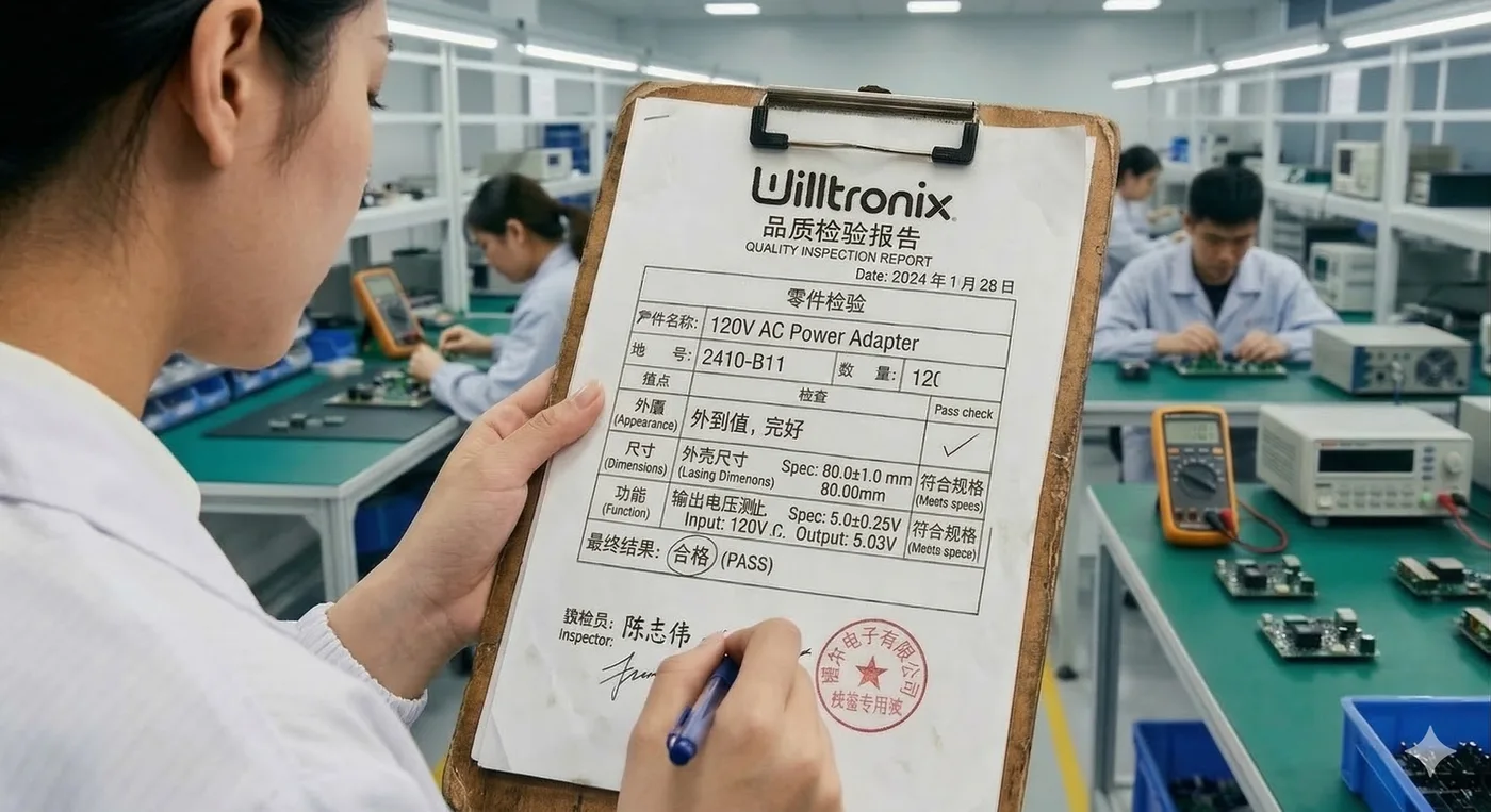 A Willtronix inspector signing a quality inspection report on the production floor